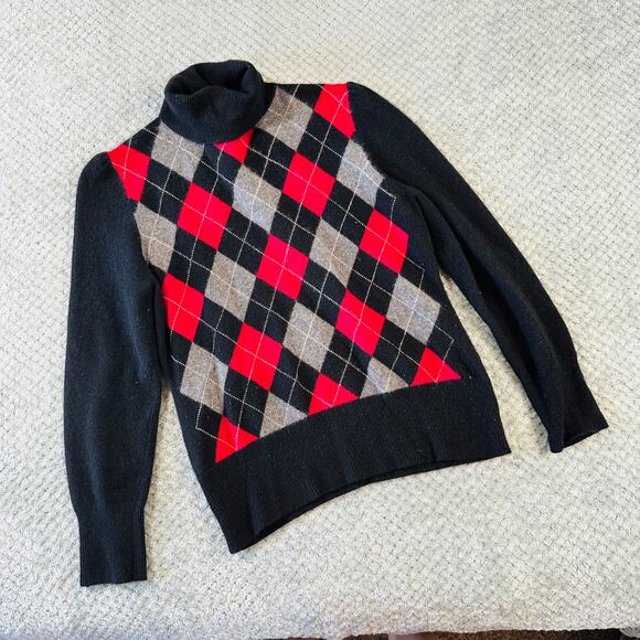 Vintage 100% Cashmere Red/Gray/Black Argyle Turtleneck Soft/Cozy Sweater XL - Picture 1 of 6